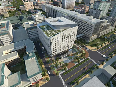 Modern Hospital Building Architectural Design In Urban Aerial View With Green Spaces 3d model