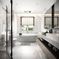Modern Bathroom Interior With White Bathtub Marble Walls Floors Double Sink Vanity And Window Blinds