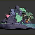 Modern 3D Cartoon Natural Scene With Mountain Trees Waterfall Pond And Figure