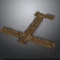 Cross Shaped Wooden Pontoon Bridge Structure With Piers And Wooden Railings
