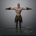 Shirtless Muscular Man With Arms Outstretched In Ornate Pants And Boots Holding Spear