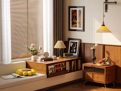 Cozy Interior With Window Blinds Wooden Bench Bookshelf Table Lamp Framed Art And Fruits 3d model