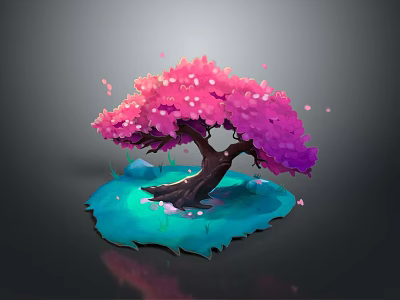 Stylized Pink Flower Tree With Lush Blossoms On Blue Ground And Floating Petals 3d model