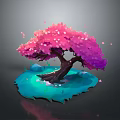 Stylized Pink Flower Tree With Lush Blossoms On Blue Ground And Floating Petals