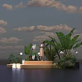 Woman Holding Drink on Platform Surrounded by Green Plants and Banana Leaves