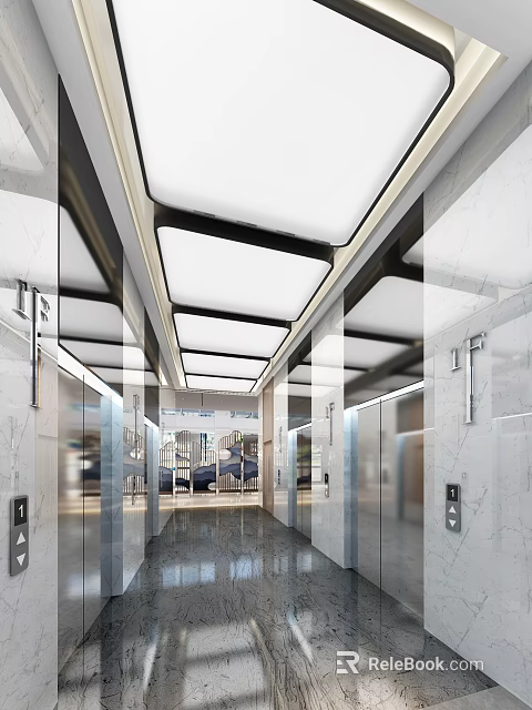 Modern Elevator Hallway Interior With Glass Doors Marble Walls And Ceiling Lighting 3d model 
