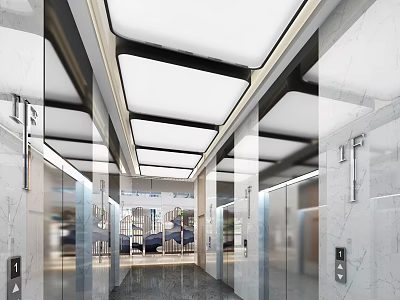 Modern Elevator Hallway Interior With Glass Doors Marble Walls And Ceiling Lighting 3d model