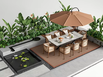 Outdoor Table And Chairs Set With Brown Umbrella Green Plants And Small Water Pond Design 3d model