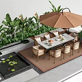 Outdoor Table And Chairs Set With Brown Umbrella Green Plants And Small Water Pond Design