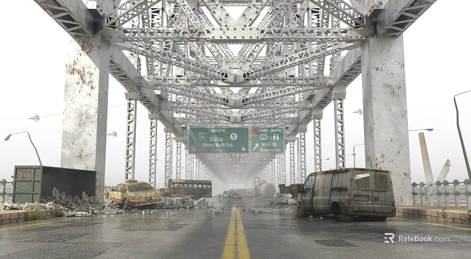 Dilapidated Steel Truss Bridge With Abandoned Vehicles Overhead Signage On Wet Puddled Road 3d model 
