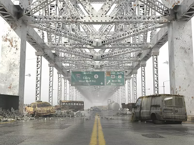 Dilapidated Steel Truss Bridge With Abandoned Vehicles Overhead Signage On Wet Puddled Road 3d model