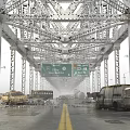 Dilapidated Steel Truss Bridge With Abandoned Vehicles Overhead Signage On Wet Puddled Road
