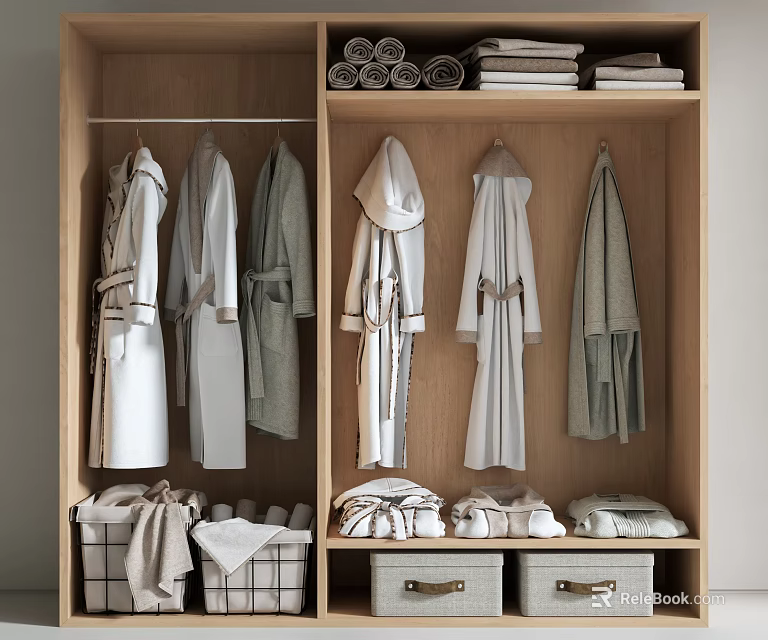 Wooden Wardrobe Interior With Hanging Robes Folded Towels And Storage Baskets 3d model 