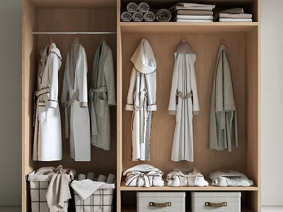 Wooden Wardrobe Interior With Hanging Robes Folded Towels And Storage Baskets 3d model