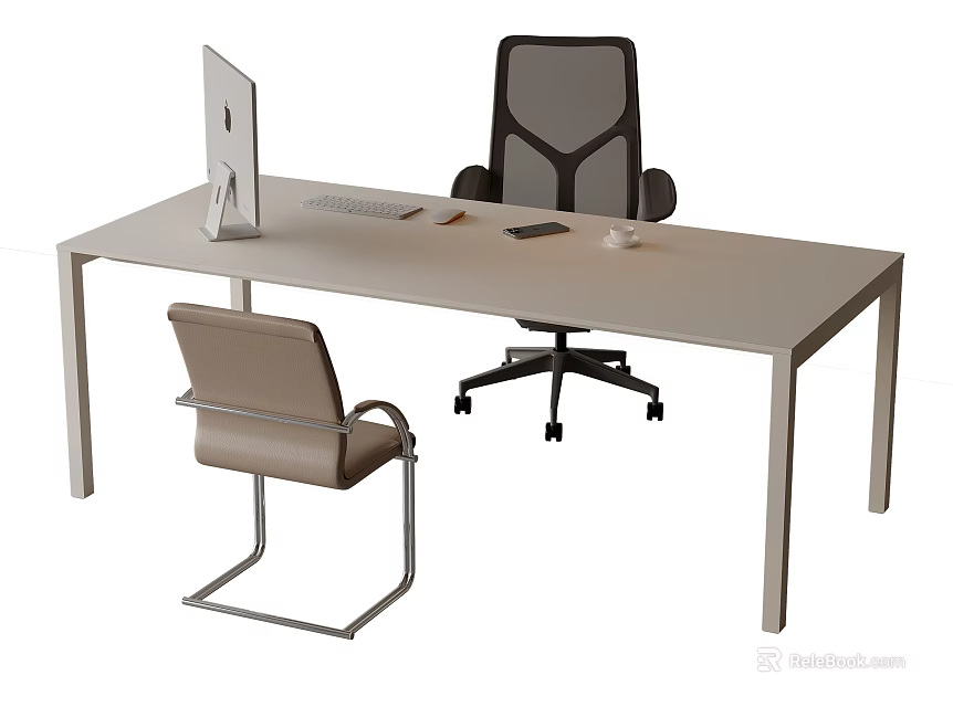 Elegant Modern Office Desk With iMac Keyboard Smartphone Mug And Two Chairs 3d model 