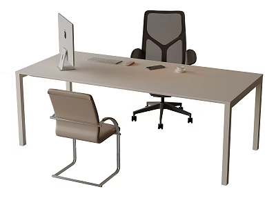 Elegant Modern Office Desk With iMac Keyboard Smartphone Mug And Two Chairs 3d model