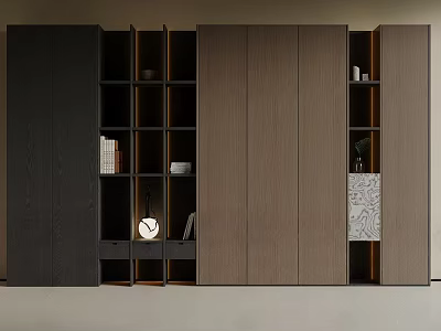 Modern Wooden Bookcase With Open Shelves Closed Cabinets And Decorative Items 3d model