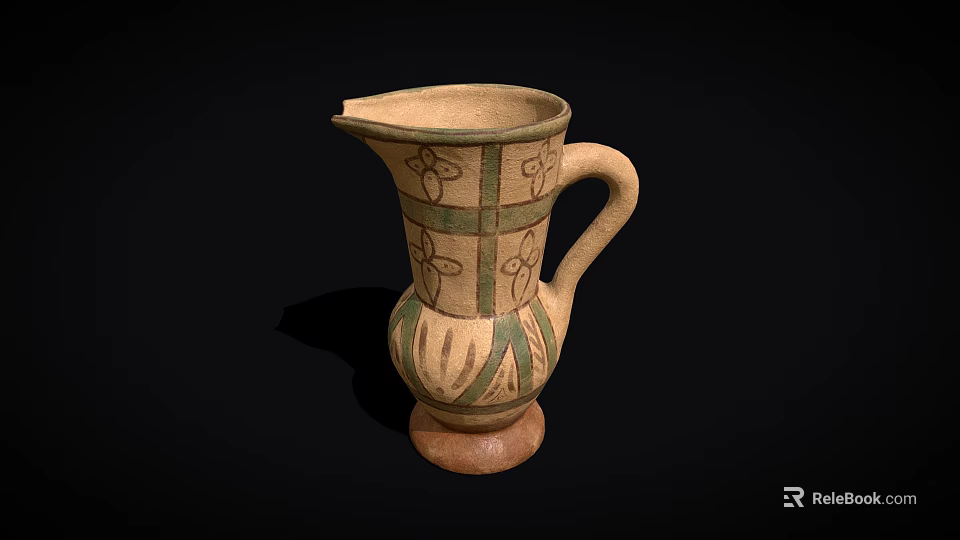 Traditional Handcrafted Earthenware Pitcher With Green Floral Motifs And Handle 3d model 