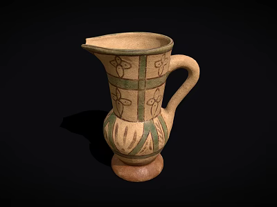 Traditional Handcrafted Earthenware Pitcher With Green Floral Motifs And Handle 3d model