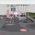 Outdoor Children's Playground With Colorful Play Equipment Green Trees And Tall Buildings