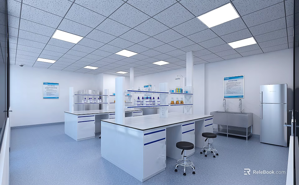 Modern Laboratory Interior With Lab Benches Shelves Equipment Stools And Ceiling Lights 3d model