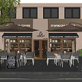 Starbucks Coffee Storefront With Outdoor Seating Area Umbrellas Green Plants And Menu Board