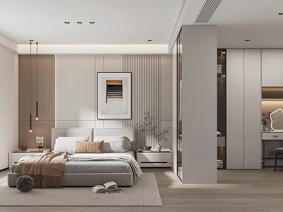 Modern Bedroom Interior With Platform Bed Wardrobe Cabinets Framed Art And Wooden Flooring 3d model