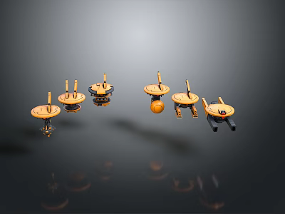 Small Wooden Spinning Tops With Colorful Bases On Black Reflective Surface 3d model