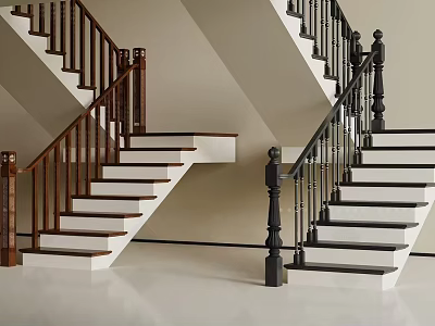 Modern Staircase Interior Design With Wooden And Metal Railings And White Steps 3d model