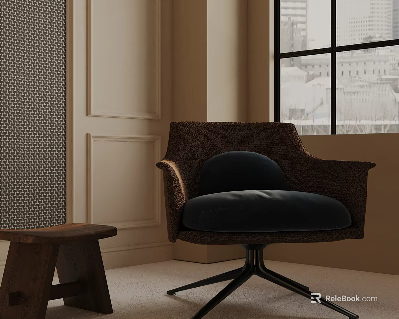 Brown Woven Accent Chair With Dark Blue Cushion And Black Metal Base Near Window 3d model 