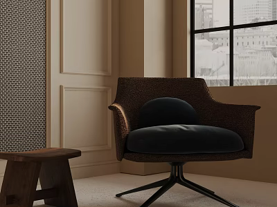 Brown Woven Accent Chair With Dark Blue Cushion And Black Metal Base Near Window 3d model