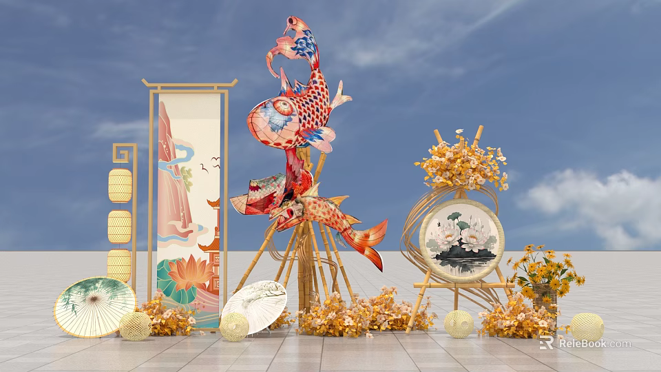 Chinese Style Photo Check in Spot With Koi Fish Bamboo Lanterns Lotus And Golden Decorations 3d model 