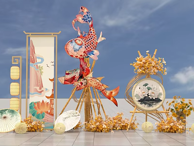 Chinese Style Photo Check in Spot With Koi Fish Bamboo Lanterns Lotus And Golden Decorations 3d model