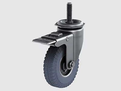 Black Caster Wheel With Brake Rubber Tread And Threaded Stem Structure 3d model