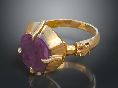 Gold Ring With Purple Gemstone In Decorative Vintage Setting For Daily Wear 3d model