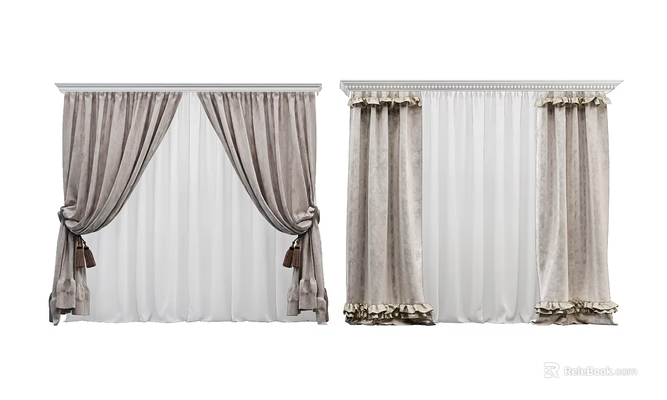 Elegant Beige Curtains With Sheer Panels And Tassel Tiebacks For Home Windows 3d model 