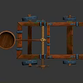 Medieval Ancient Catapult Weapon With Wooden Structure Wheels And Throwing Basket 3d model