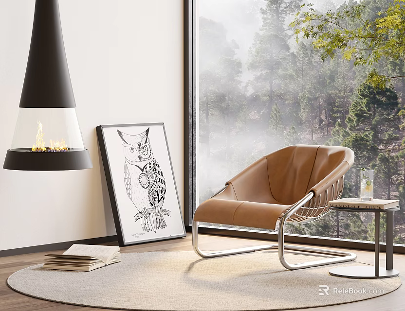 Brown Leather Leisure Chair With Metal Frame In Living Room By Window And Fireplace 3d model 