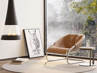 Brown Leather Leisure Chair With Metal Frame In Living Room By Window And Fireplace 3d model