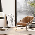 Brown Leather Leisure Chair With Metal Frame In Living Room By Window And Fireplace