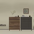Minimalist Wooden Entryway Cabinet And Sideboard With Decorative Vase Plant Framed Art On Beige Wall