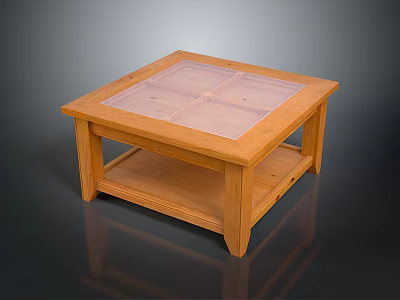 Natural Wooden Square Dining Table With Glass Top And Storage Shelf 3d model