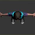 3D Character Model Wearing Blue Suspenders Pants Patterned T Shirt Purple Pink Sleeves Sneakers