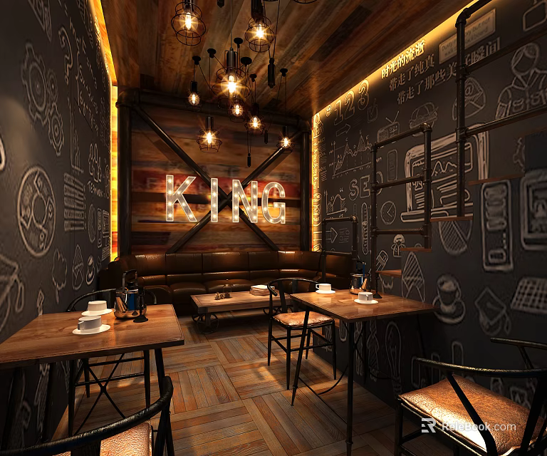 Cozy Cafe With Hand Drawn Walls Wooden Ceiling Pendant Lights KING Sign And Tables Chairs 3d model 