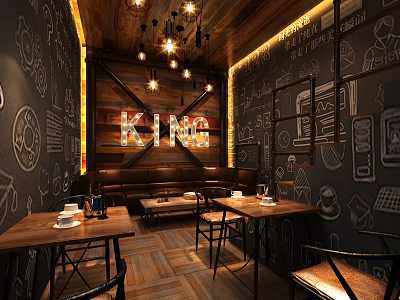 Cozy Cafe With Hand Drawn Walls Wooden Ceiling Pendant Lights KING Sign And Tables Chairs 3d model