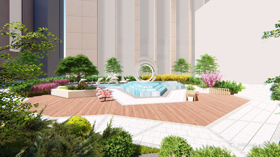 Contemporary Residential Landscape Design Featuring Central Water Pool Greenery And Wooden Deck Seating 3d model 