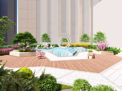 Contemporary Residential Landscape Design Featuring Central Water Pool Greenery And Wooden Deck Seating 3d model