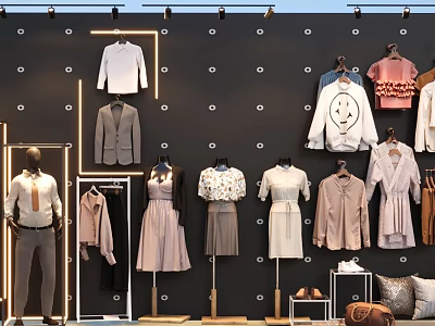 Fashionable Clothes Display With Mannequins And Different Hanging Styles On Store Wall 3d model