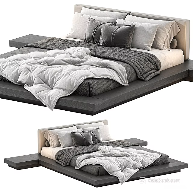 Modern Double Bed Design With Gray White Bedding And Decorative Pillows 3d model 