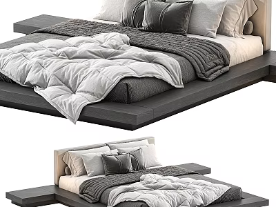 Modern Double Bed Design With Gray White Bedding And Decorative Pillows 3d model